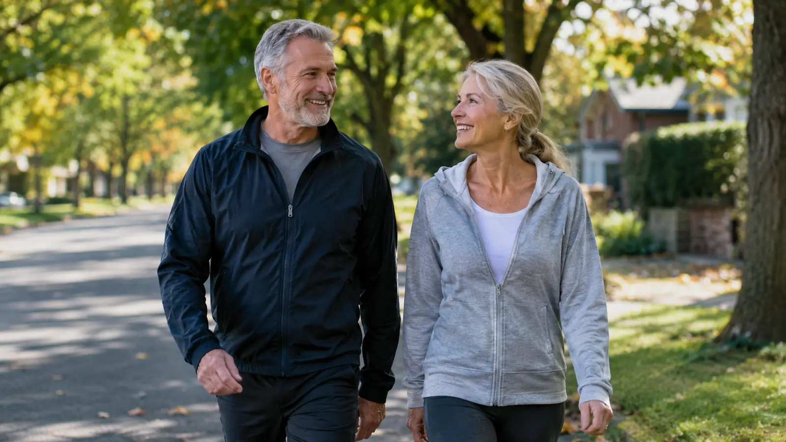 A man in his early sixties on a morning walk with his wife along a tree-lined suburban street