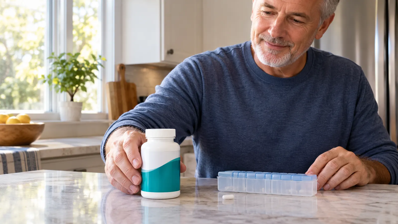 A supplement bottle standing on a kitchen counter beside a weekly pill organizer in morning light.