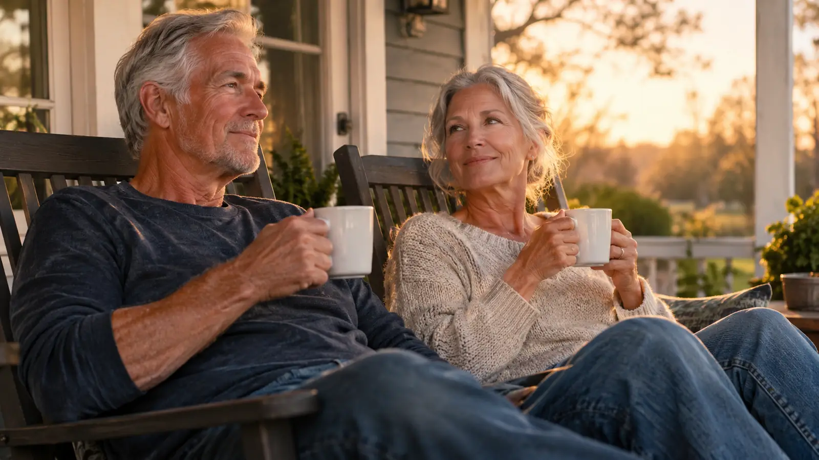 An older couple sitting together on a porch with coffee cups in the late afternoon.