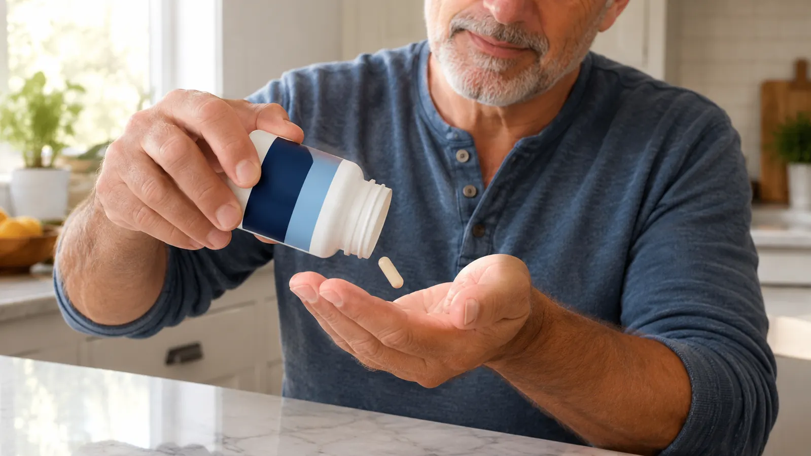 A man's hand tilts a supplement bottle over his open palm as a capsule falls out, at a kitchen counter in the morning.