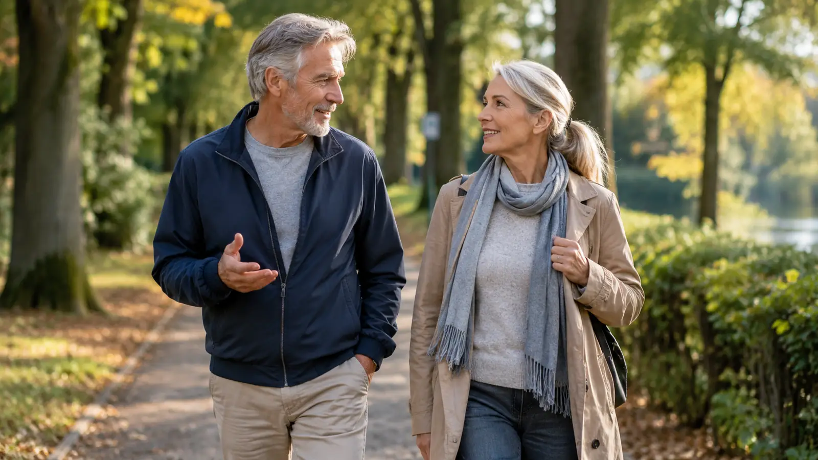 An older couple walks side by side on a tree-lined park path in the morning, talking as they walk.