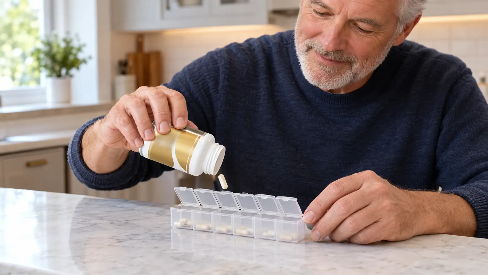 A man in his early sixties placing two capsules from a supplement bottle into a weekly pill organizer on a kitchen counter