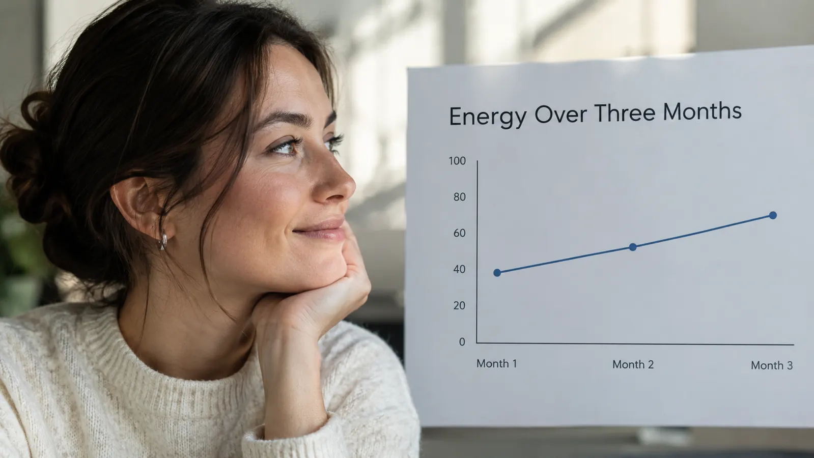 A simple chart titled Energy Over Three Months showing a line that rises gently from month one to month three