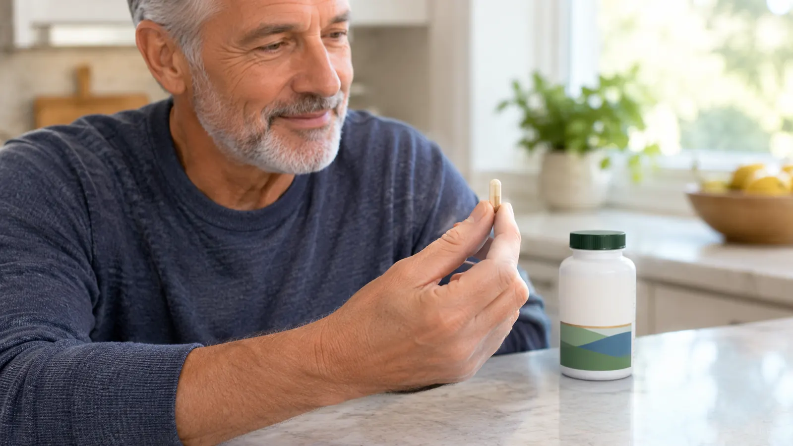 A hand holding a single capsule above a kitchen counter next to a supplement bottle