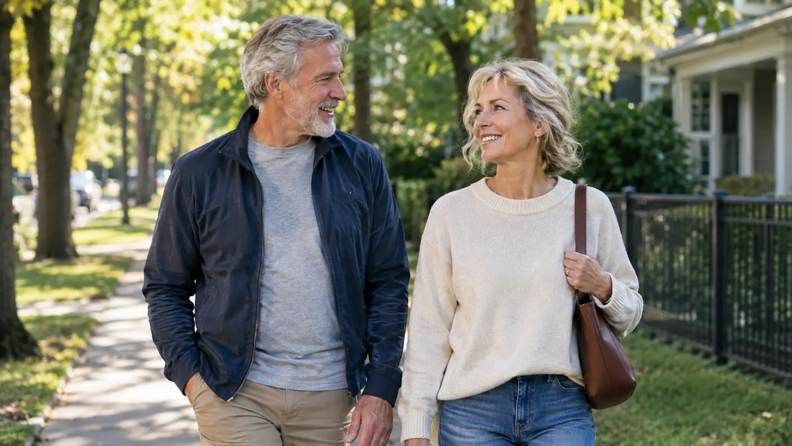 An older couple walking together on a tree-lined suburban street in the morning